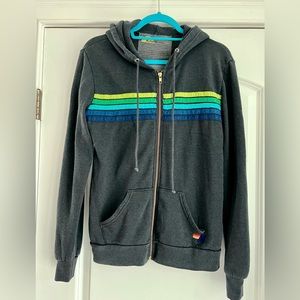 Aviator Nation 5-Stripe Hoodie in Charcoal with Rare Blue-Green Color-way